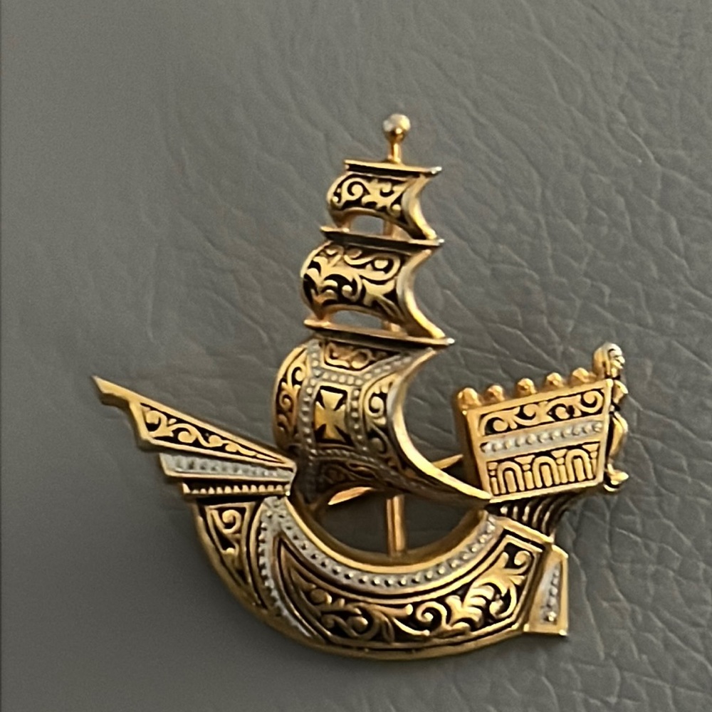 Vintage Ship Gold Tone Brooch Damascene
